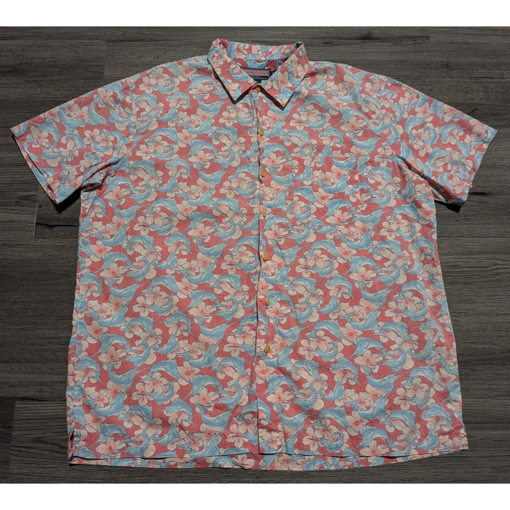 Vineyard Vines Men's Pink Floral Marlin Fish Print Short Sleeve Shirt Size Large